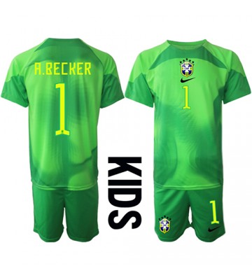 Brasil Alisson Becker #1 Keeper Bortedraktsett Barn VM 2022 Kortermet (+ Korte bukser)